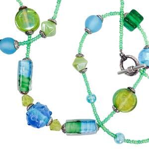 VTG Art Glass Lampwork Necklace 30" Blue Green Beaded Silver Tone Toggle